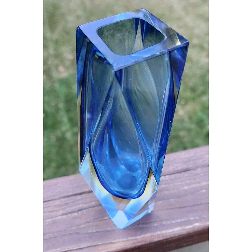 Murano Mandruzzato Sommerso Faceted Glass Blue Gold Layer Vase Italy Vintage 6.5 - Picture 3 of 10